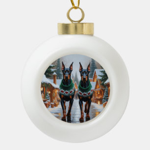Dobermann-Hunde Weihnachten Schnee Feiertag Keramik Kugel-Ornament