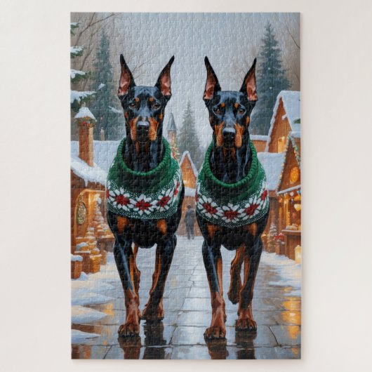 Dobermann Hunde Weihnachten Schnee Feiertag Puzzle (Vertikal)