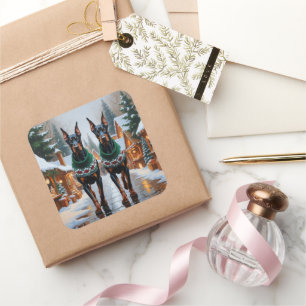 Dobermann-Hunde Weihnachten Schnee Feiertag Quadratischer Aufkleber