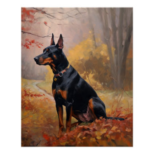 Dobermann im Herbst inspiriert durch fallende Blät Poster