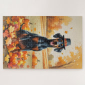 Dobermann im Herbstlaub-Erntedank-Kunst Puzzle (Horizontal)