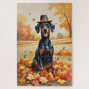 Dobermann im Herbstlaub-Erntedank-Kunst Puzzle
