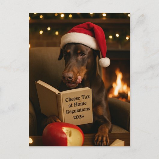 Dobermann 'Käse-Steuer' Weihnachtskarte Postkarte (Vorderseite)