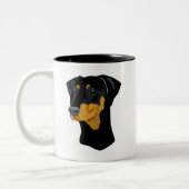Dobermann-Kopf, Schwarzes, Uncropped Zweifarbige Tasse (Links)