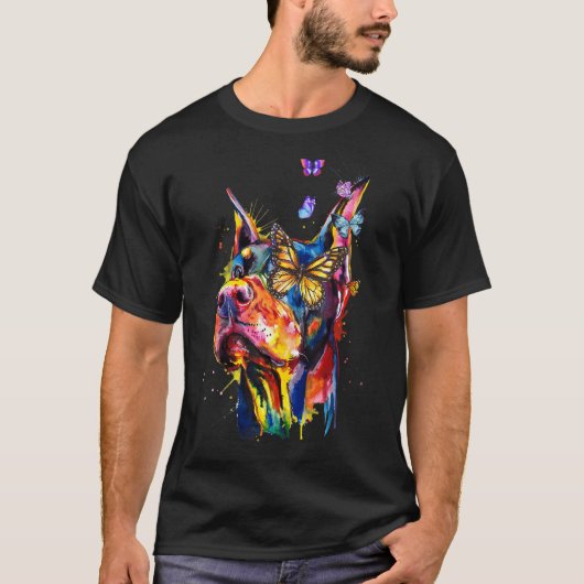 Dobermann Pinscher Splash Schmetterlinge Hund T-Shirt (Vorderseite)