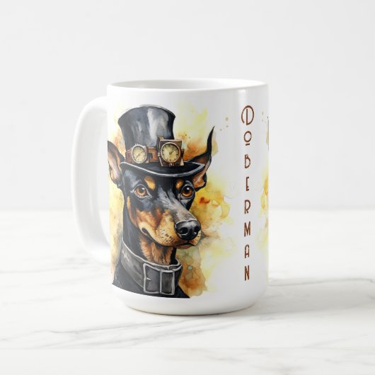 Dobermann Pinscher Steampunk-Hund Kaffeetasse (Vorderseite Links)