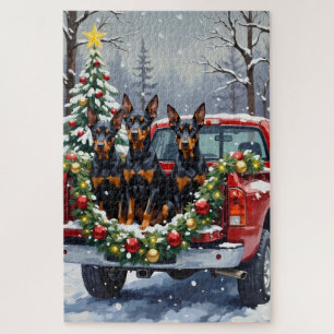 Dobermann Pinscher Weihnachten Rotes Lastwagen Fer Puzzle