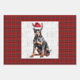 Dobermann Pinscher Weihnachts Hund und rotes Karom Geschenkpapier Set
