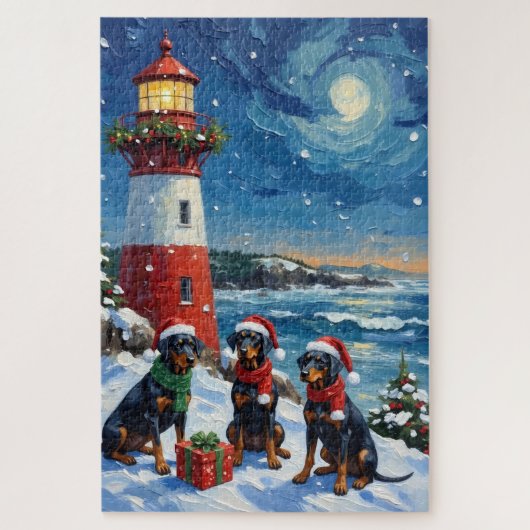 Dobermann Pinscher Weihnachts Leuchtturm Urlaub Puzzle (Vertikal)