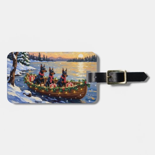 Dobermann Pinscher Weihnachtsboot Urlaub Gepäckanhänger (Vorderseite horizontal)
