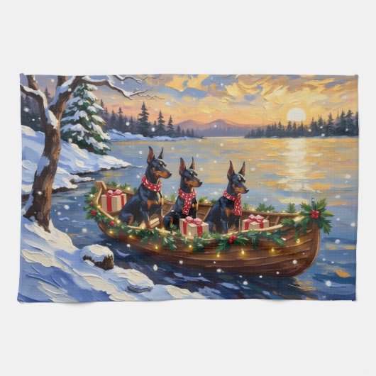 Dobermann Pinscher Weihnachtsboot Urlaub Geschirrtuch (Horizontal)