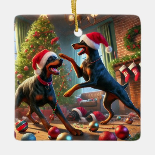 Dobermann Weihnachtsspass Keramikornament (Vorderseite)