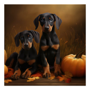 Dobermann-Welpe Herbstvergnügen Kürbis Poster
