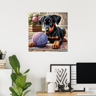 Dobermann-Welpe mit Wollknäuel auf einem bunten Te Poster