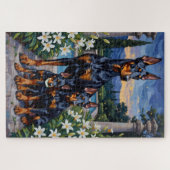 Dobermann-Zwilicht-Liliengarten-Kunst Puzzle (Horizontal)