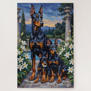 Dobermann-Zwilicht-Liliengarten-Kunst Puzzle