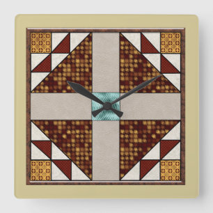 Dock in Window Quilt Block Brown Cream keine Zahle Quadratische Wanduhr