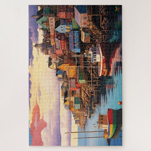 🌅 Dockside Drama: Stadt am Meer Puzzle (Vertikal)