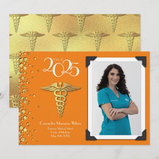 Doctor Gold Abschluss Announcement Orange Einladung (Vorne/Hinten)