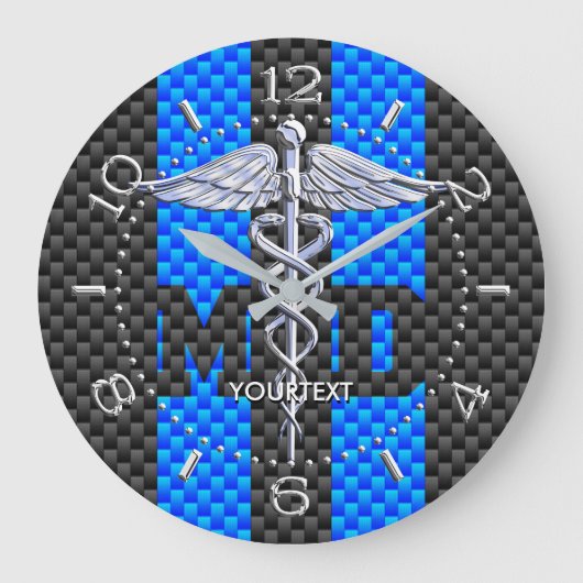 Doctor MD Caduceus Personalisiert Style Blue Carbo Große Wanduhr (Vorderseite)