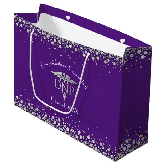 Doctor Nursing Practice Graduation Purple Silver Große Geschenktüte (Vorderseite Schrägansicht)