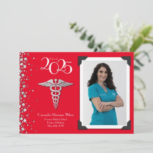 Doctor Silver Abschluss Announcement Red Einladung (Stehend Vorderseite)