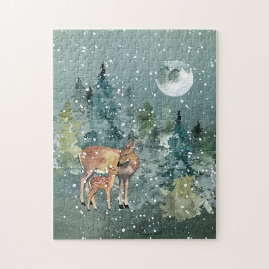 Doe and Fawn Deer Forest Full Moon Snowfall Puzzle (Vertikal)