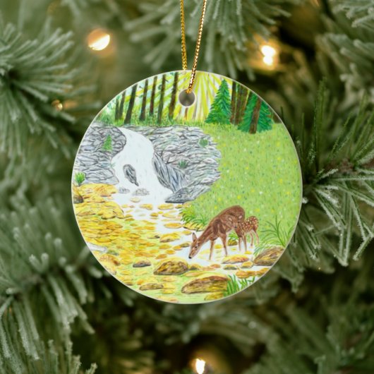 Doe and Fawn Keramik Ornament (Baum)