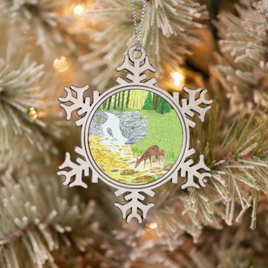 Doe and Fawn Schneeflocken Zinn-Ornament (Baum)