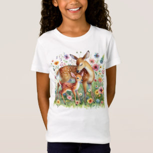 Doe Deer and Fawn Stehend in Wildblumen Kinder T-Shirt