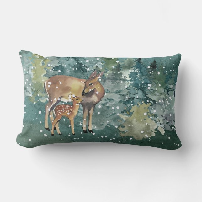 Doe Fawn Deer in Forest Snowfall Lendenkissen (Vorderseite)