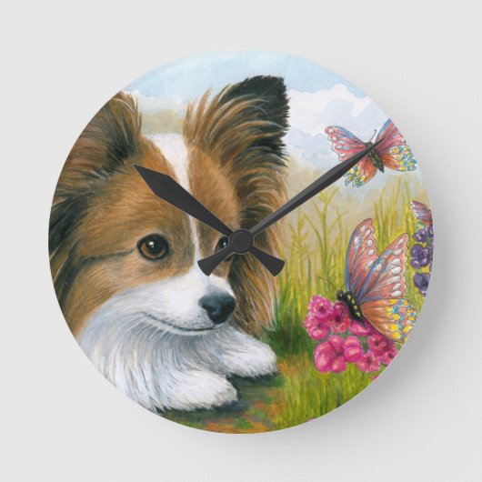 Dog 123 Papillon dog with Butterflies Runde Wanduhr (Vorderseite)