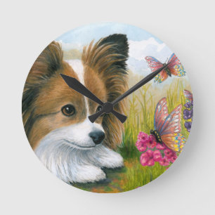 Dog 123 Papillon dog with Butterflies Runde Wanduhr