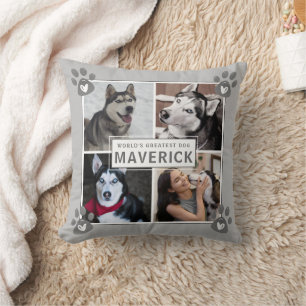 Dog 5 Foto Collage Paw Print Heart Grau Kissen