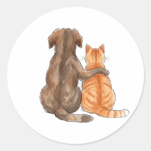 Dog and Cat Friendship Watercolor Runder Aufkleber (Vorderseite)