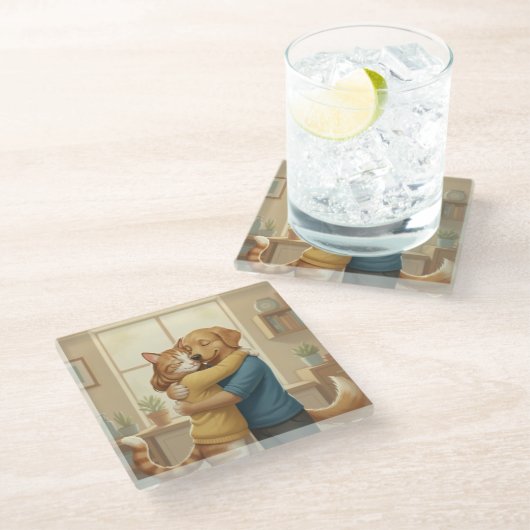 Dog and Cat Hug Glass Coaster Glasuntersetzer (Schrägansicht)