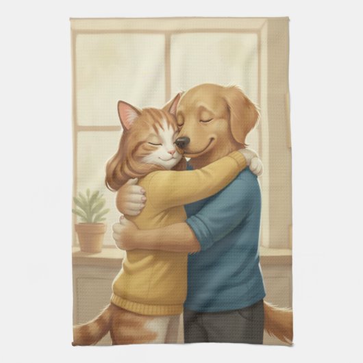Dog and Cat Hug Kitchen Towel Geschirrtuch (Vertikal)