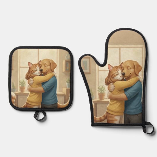 Dog and Cat Hug Oven Mitt and Pot Holder Set (Vorderseite)
