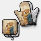 Dog and Cat Hug Oven Mitt and Pot Holder Set (Vorderseite/Rückseite)