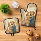 Dog and Cat Hug Oven Mitt and Pot Holder Set (Oben Unten)