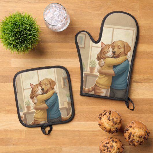 Dog and Cat Hug Oven Mitt and Pot Holder Set (Oben Unten)