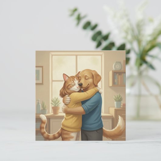 Dog and Cat Hug Square Invitation Einladung (Stehend Vorderseite)