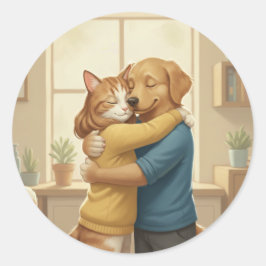 Dog and Cat Hugging Classic Round Sticker