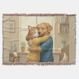 Dog and Cat Hugging Whimsical Woven Throw Blanket Decke