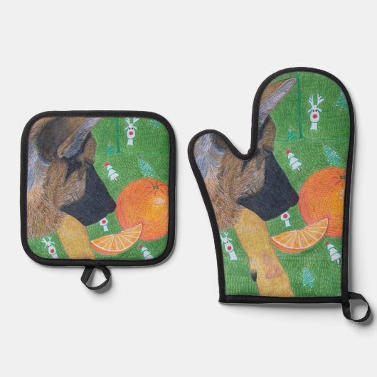 Dog and orange oven mitt & pot holder set (Vorderseite)