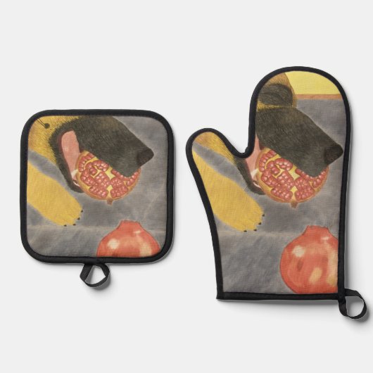 Dog and pomegranate oven mitt & pot holder set (Vorderseite)