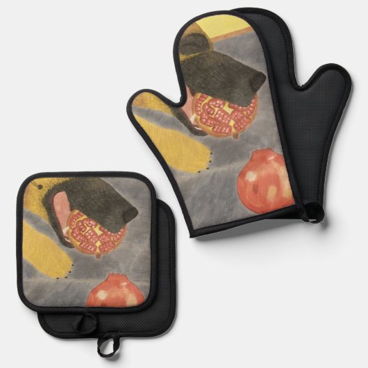 Dog and pomegranate oven mitt & pot holder set (Vorderseite/Rückseite)