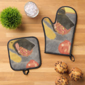Dog and pomegranate oven mitt & pot holder set (Oben Unten)