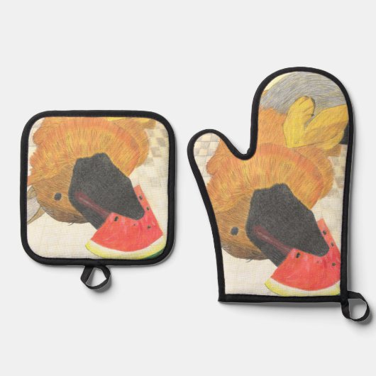 Dog and watermelon oven mitt & pot holder set (Vorderseite)