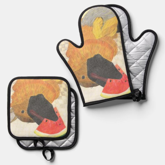 Dog and watermelon oven mitt & pot holder set (Vorderseite/Rückseite)